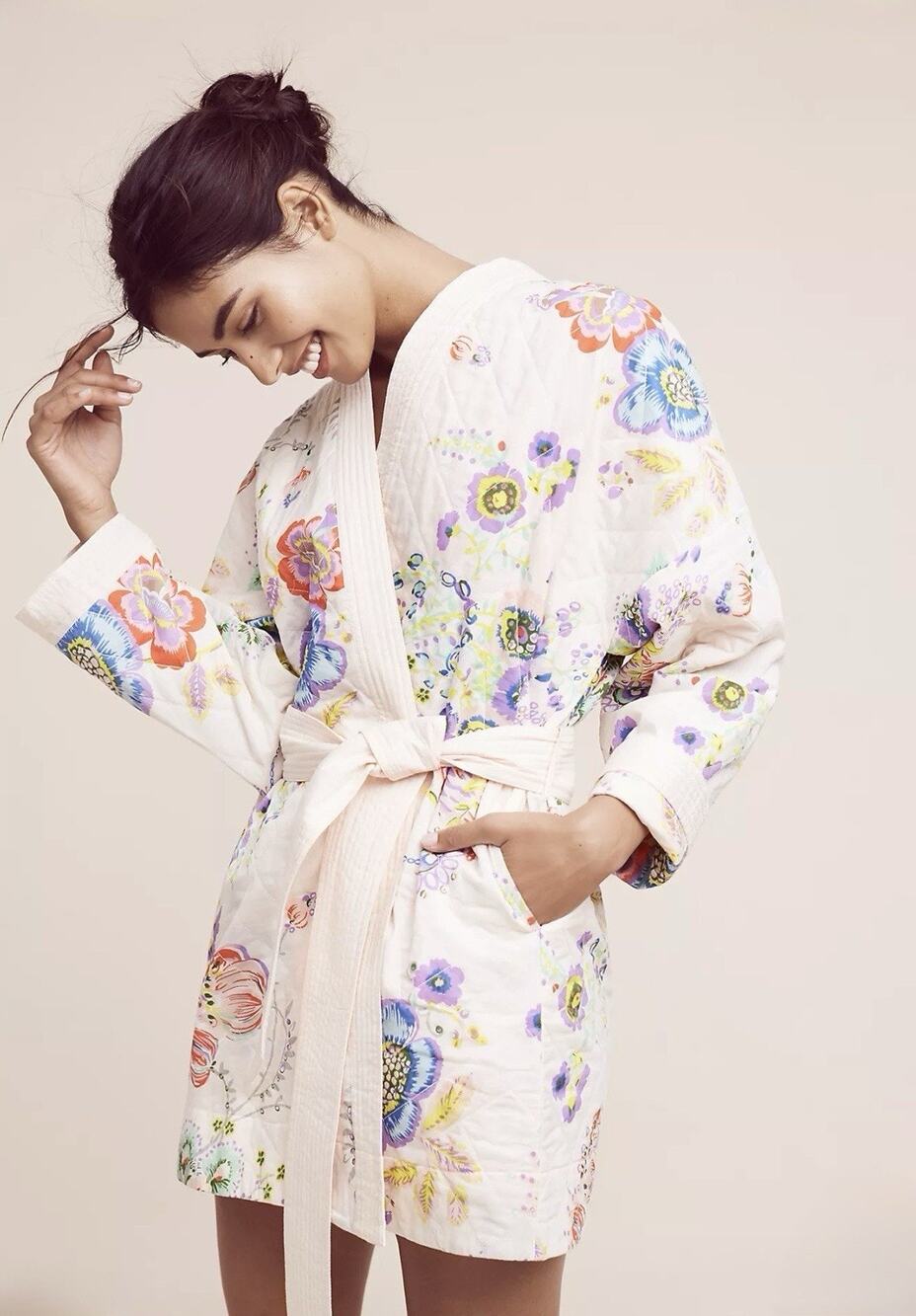 Lilka Anthropologie Quilted Kantha Robe Kimono — XS/S Pink Floral Cozy NWOT